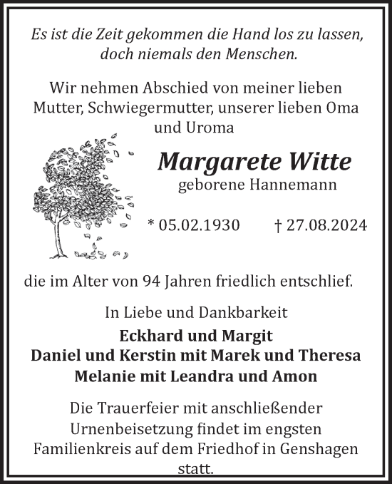 Traueranzeige von Margarete Witte von Märkische Oderzeitung