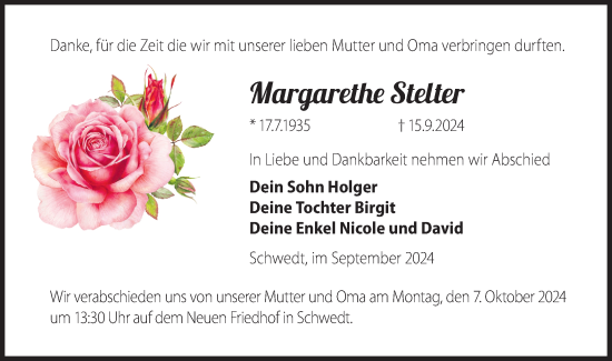 Traueranzeige von Margarethe Stelter von Märkische Oderzeitung