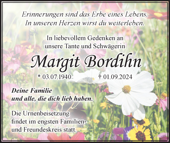 Traueranzeige von Margit Bordihn von Märkische Oderzeitung