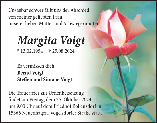 Traueranzeige von Margita Voigt von Märkische Oderzeitung