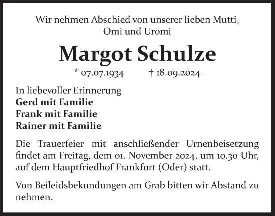 Traueranzeige von Margot Schulze von Märkische Oderzeitung