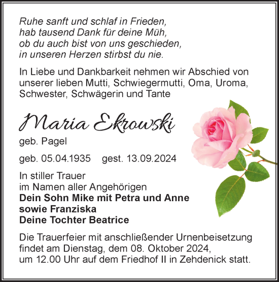 Traueranzeige von Maria Ekrowski von Märkische Oderzeitung