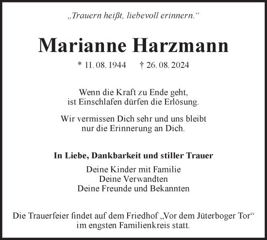 Traueranzeige von Marianne Harzmann von Märkische Oderzeitung