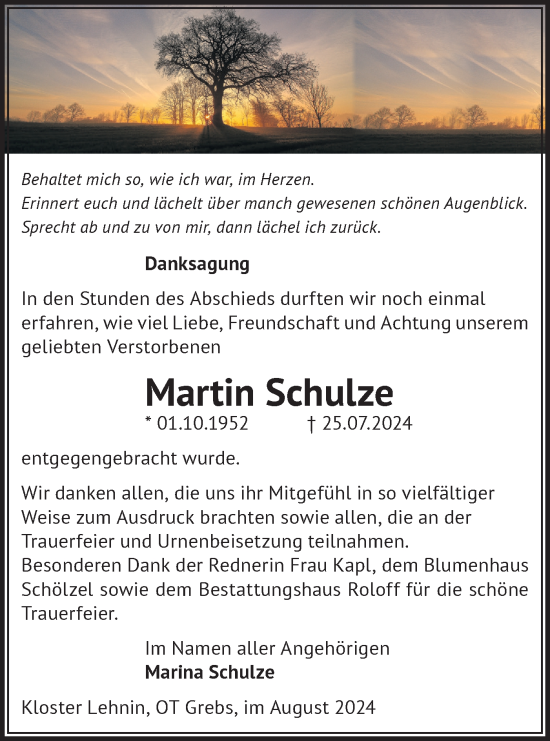 Traueranzeige von Martin Schulze von Märkische Oderzeitung