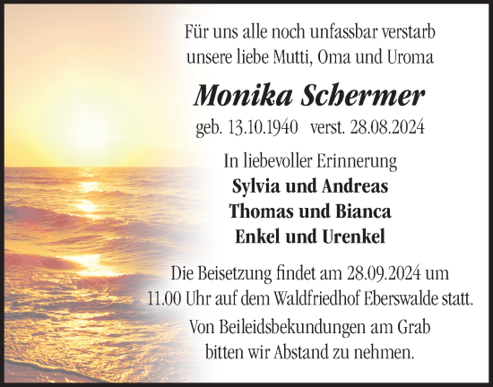 Traueranzeige von Monika Schermer von Märkische Oderzeitung