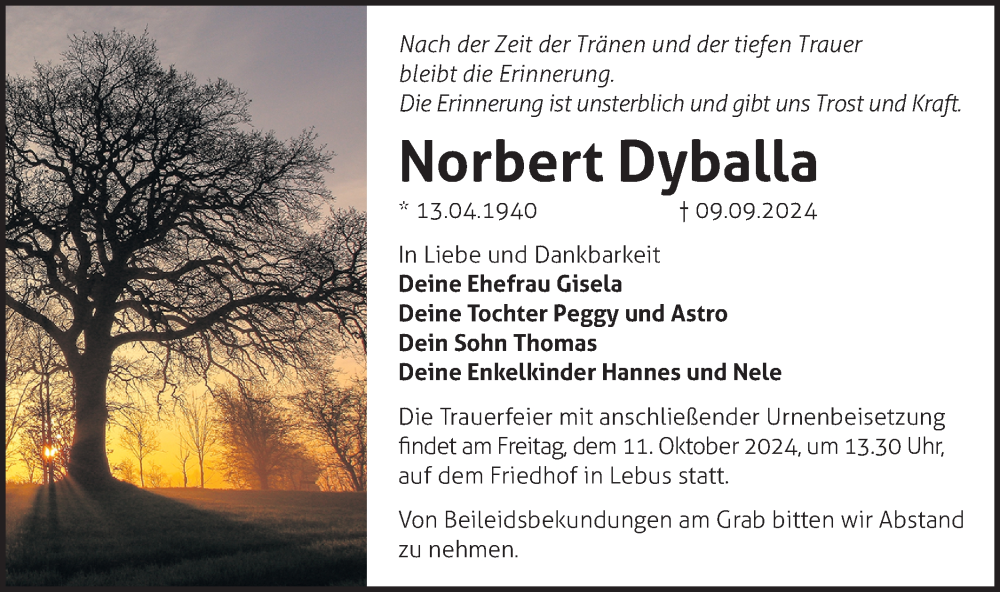  Traueranzeige für Norbert Dyballa vom 21.09.2024 aus Märkische Oderzeitung