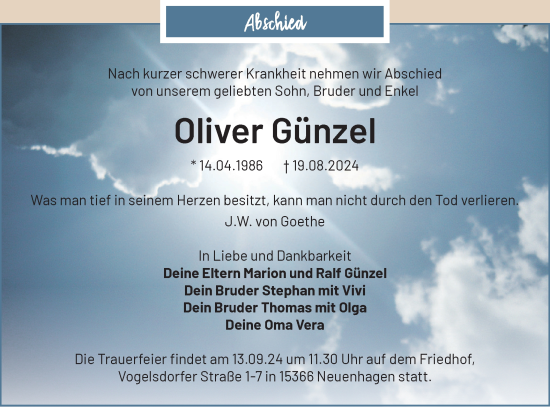 Traueranzeige von Oliver Günzel von Märkische Oderzeitung