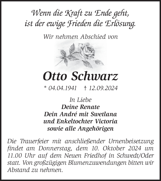 Traueranzeige von Otto Schwarz von Märkische Oderzeitung