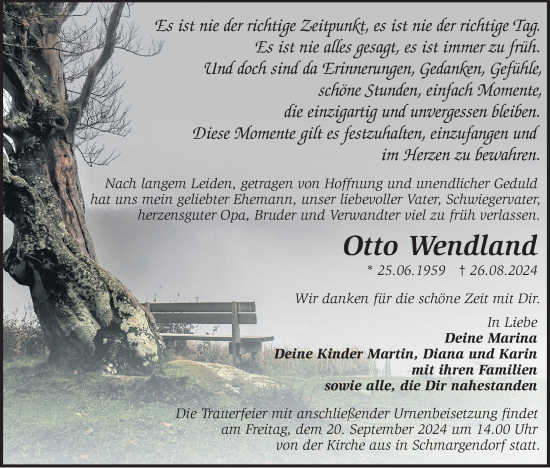 Traueranzeige von Otto Wendland von Märkische Oderzeitung