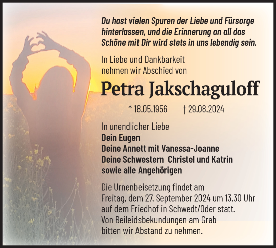 Traueranzeige von Petra Jakschaguloff von Märkische Oderzeitung