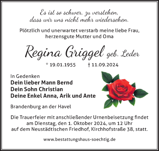 Traueranzeige von Regina Griggel von Märkische Oderzeitung