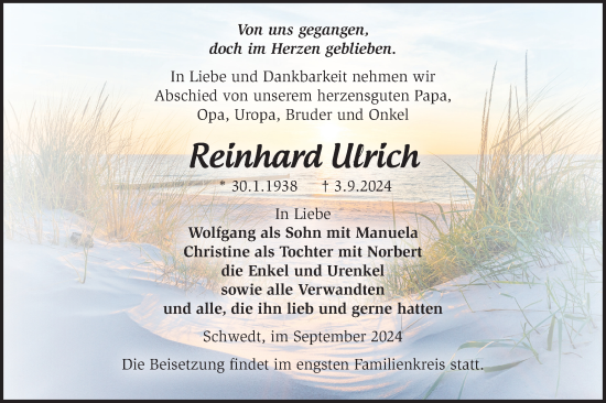 Traueranzeige von Reinhard Ulrich von Märkische Oderzeitung