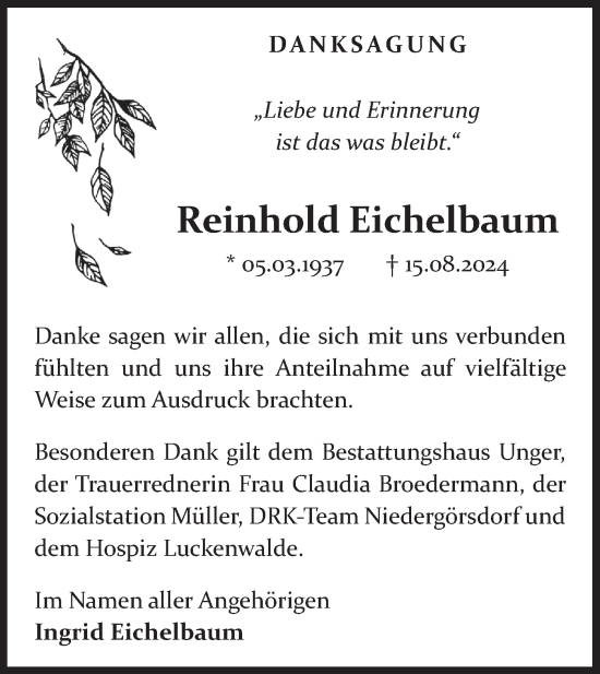 Traueranzeige von Reinhold Eichelbaum von Märkische Oderzeitung