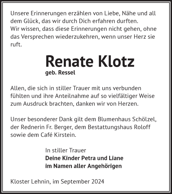 Traueranzeige von Renate Klotz von Märkische Oderzeitung