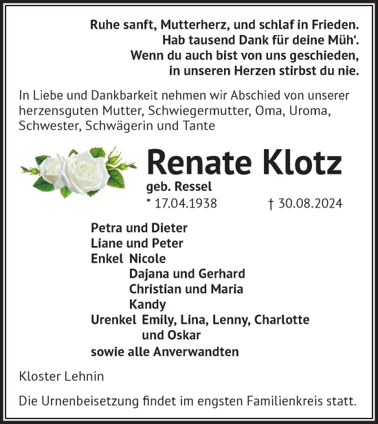 Traueranzeige von Renate Klotz von Märkische Oderzeitung