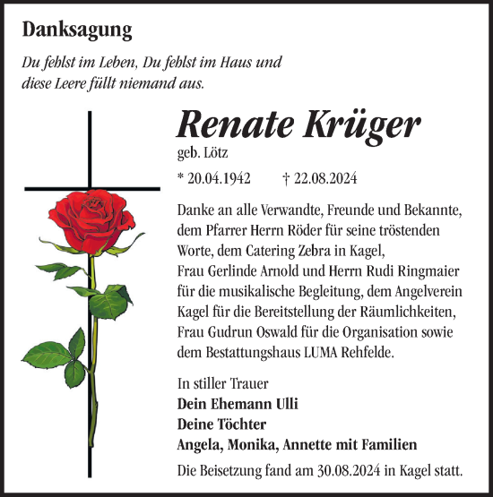 Traueranzeige von Renate Krüger von Märkische Oderzeitung