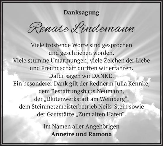 Traueranzeige von Renate Lindemann von Märkische Oderzeitung