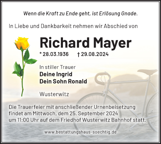 Traueranzeige von Richard Mayer von Märkische Oderzeitung