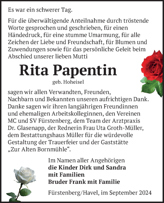 Traueranzeige von Rita Papentin von Märkische Oderzeitung