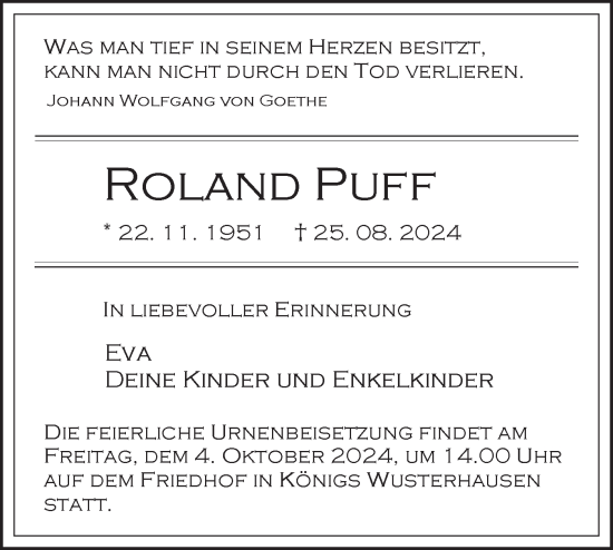 Traueranzeige von Roland Puff von Märkische Oderzeitung