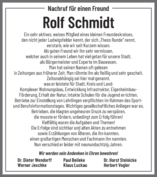 Traueranzeige von Rolf Schmidt von Märkische Oderzeitung