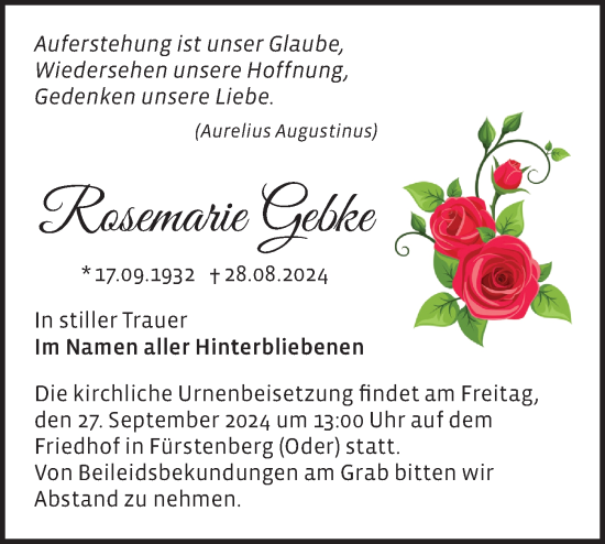 Traueranzeige von Rosemarie Gebke von Märkische Oderzeitung