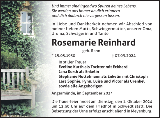 Traueranzeige von Rosemarie Reinhard von Märkische Oderzeitung