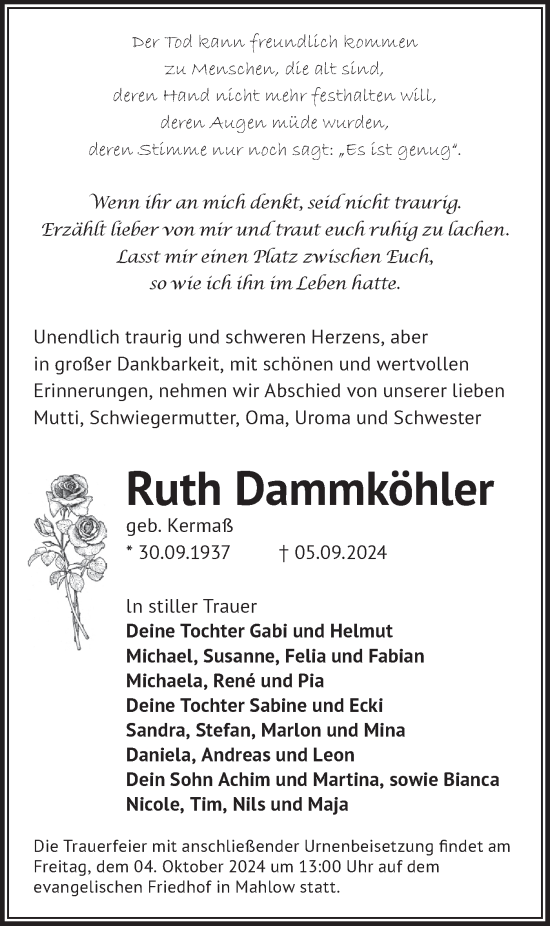 Traueranzeige von Ruth Dammköhler von Märkische Oderzeitung