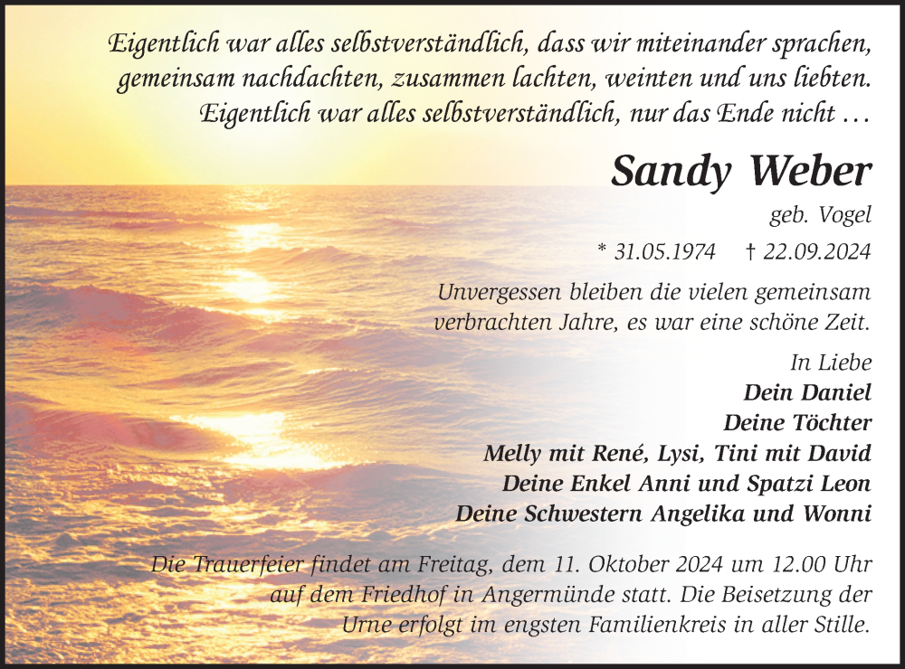  Traueranzeige für Sandy Weber vom 28.09.2024 aus Märkische Oderzeitung