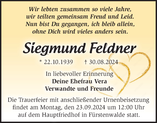 Traueranzeige von Siegmund Feldner von Märkische Oderzeitung