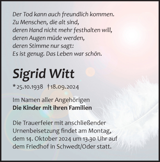 Traueranzeige von Sigrid Witt von Märkische Oderzeitung