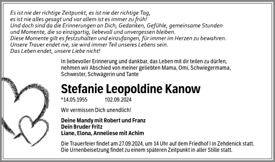 Traueranzeige von Stefanie Leopoldine Kanow von Märkische Oderzeitung