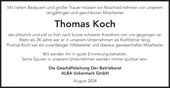 Traueranzeige von Thomas Koch von Märkische Oderzeitung