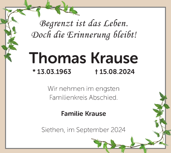 Traueranzeige von Thomas Krause von Märkische Oderzeitung