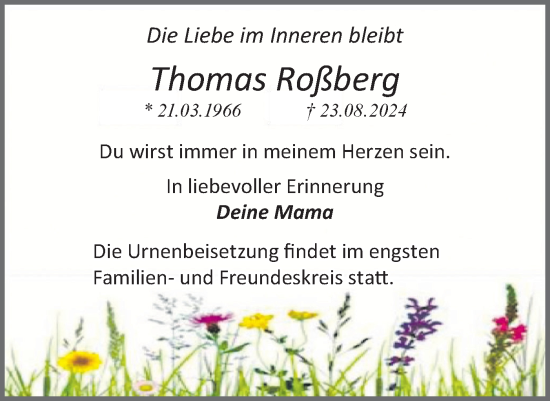 Traueranzeige von Thomas Roßberg von Märkische Oderzeitung