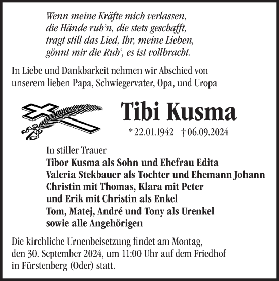 Traueranzeige von Tibi Kusma von Märkische Oderzeitung