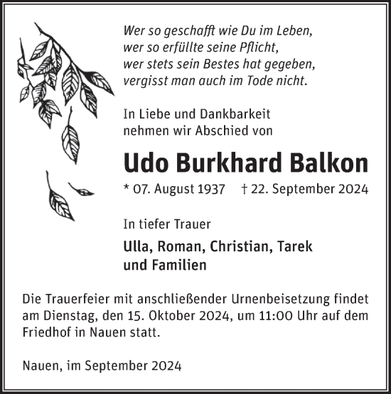 Traueranzeige von Udo Burkhard Balkon von Märkische Oderzeitung