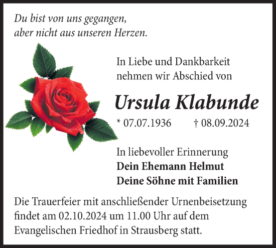 Traueranzeige von Ursula Klabunde von Märkische Oderzeitung