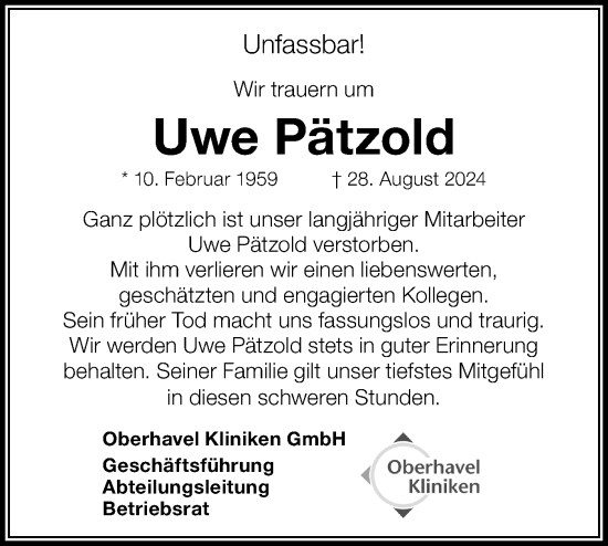 Traueranzeige von Uwe Pätzold von Märkische Oderzeitung