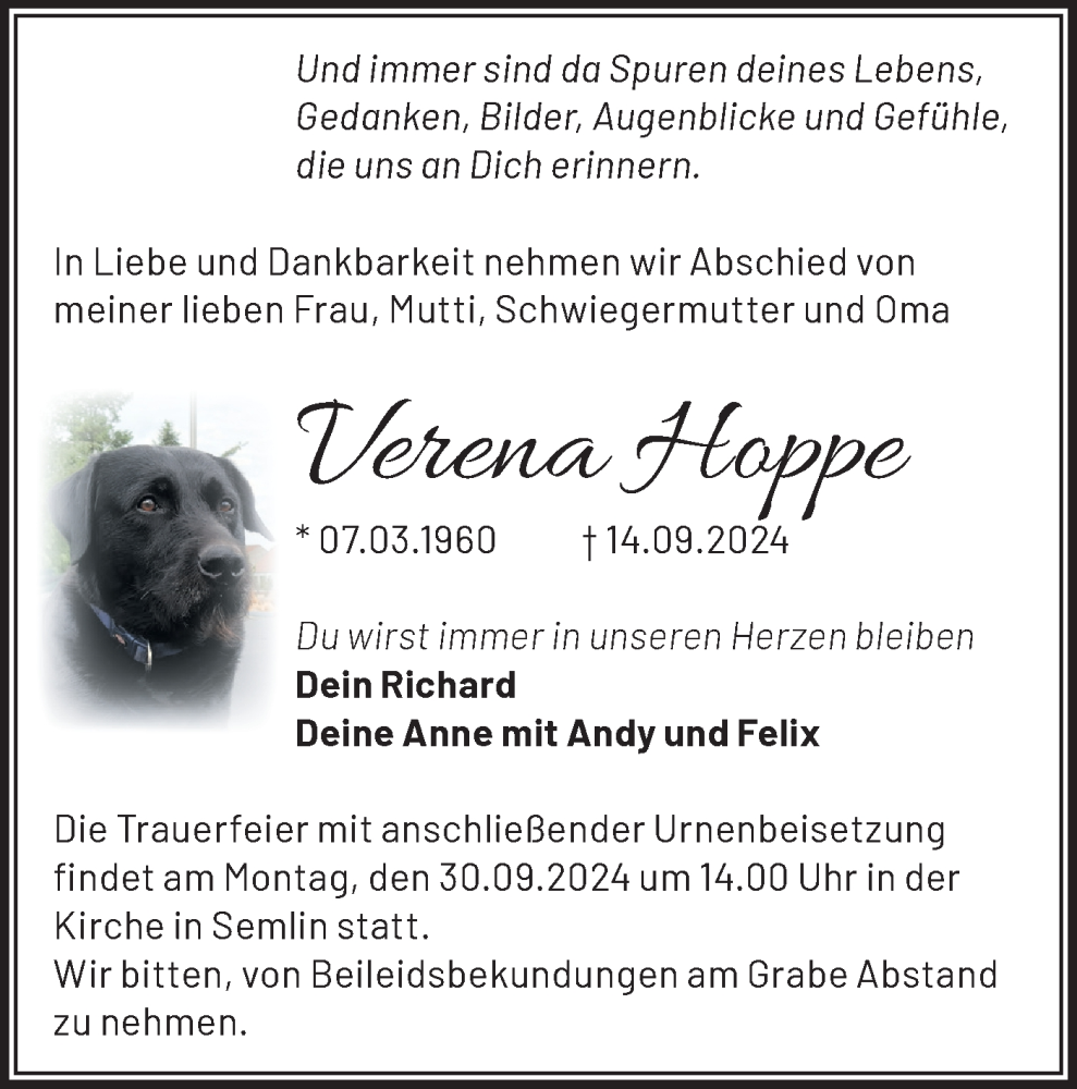  Traueranzeige für Verena Hoppe vom 21.09.2024 aus Märkische Oderzeitung