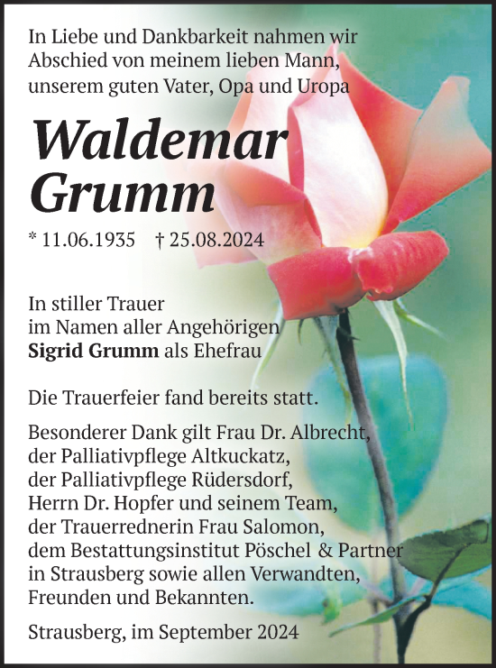 Traueranzeige von Waldemar Grumm von Märkische Oderzeitung