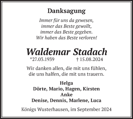 Traueranzeige von Waldemar Stadach von Märkische Oderzeitung