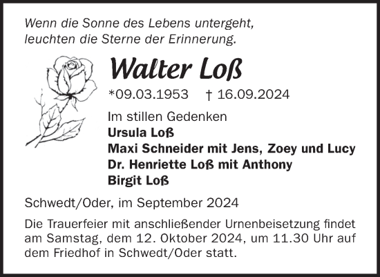 Traueranzeige von Walter Loß von Märkische Oderzeitung