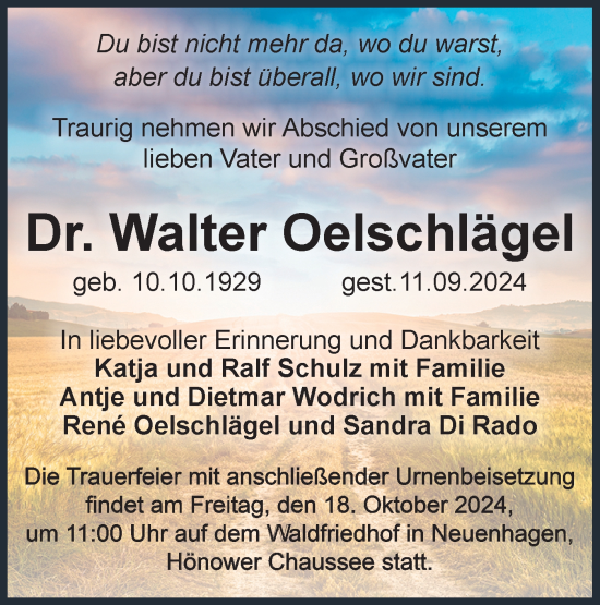 Traueranzeige von Walter Oelschlägel von Märkische Oderzeitung