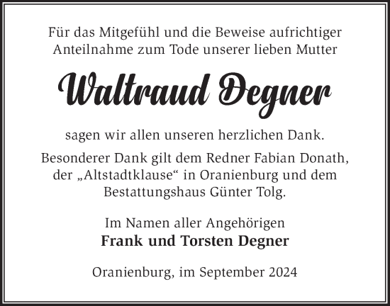 Traueranzeige von Waltraud Degner von Märkische Oderzeitung