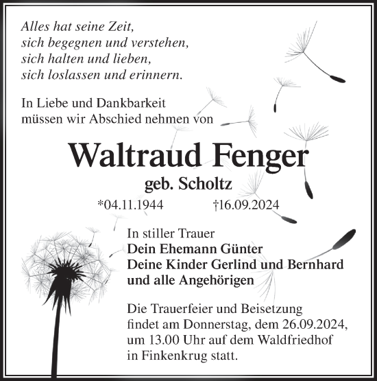 Traueranzeige von Waltraud Fenger von Märkische Oderzeitung