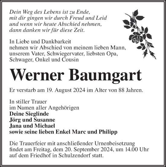 Traueranzeige von Werner Baumgart von Märkische Oderzeitung