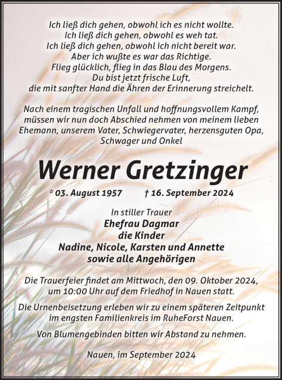 Traueranzeige von Werner Gretzinger von Märkische Oderzeitung