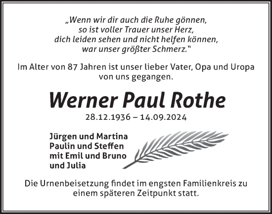 Traueranzeige von Werner Paul Rothe von Märkische Oderzeitung