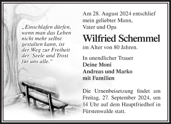 Traueranzeige von Wilfried Schemmel von Märkische Oderzeitung